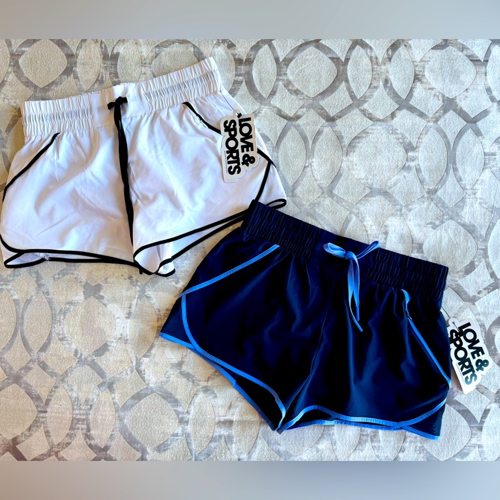 TWO Pairs Love&Sports Piped Running Shorts Women’s Size XS Colors White and Blue